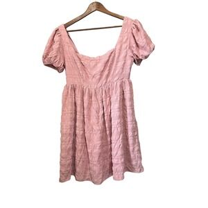 Pink Lily Pink Dress Smocked Puff Sleeve Square Neck Babydoll Dress